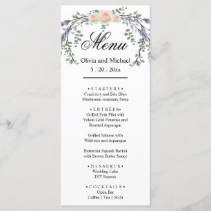 Elegant watercolor pink roses botanical lavender  menu
