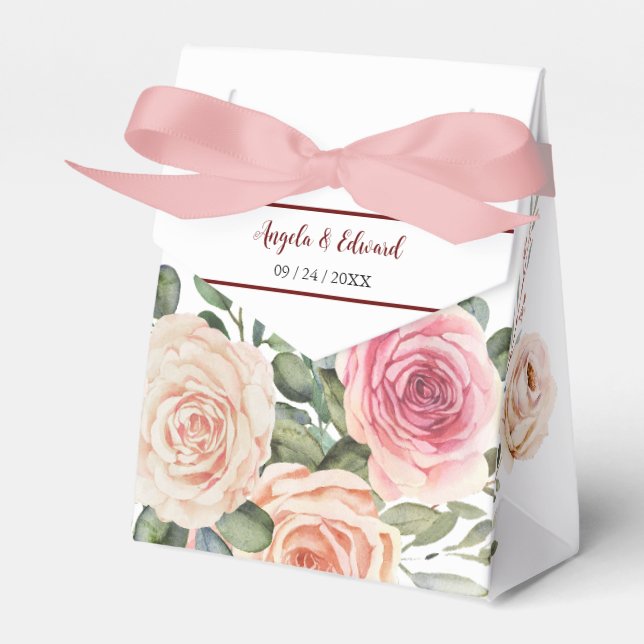 Elegant Watercolor Pink Roses Wedding Favour Box (Front Side)
