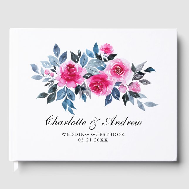Elegant Watercolor Pink Roses Wedding Guest Book (Front)