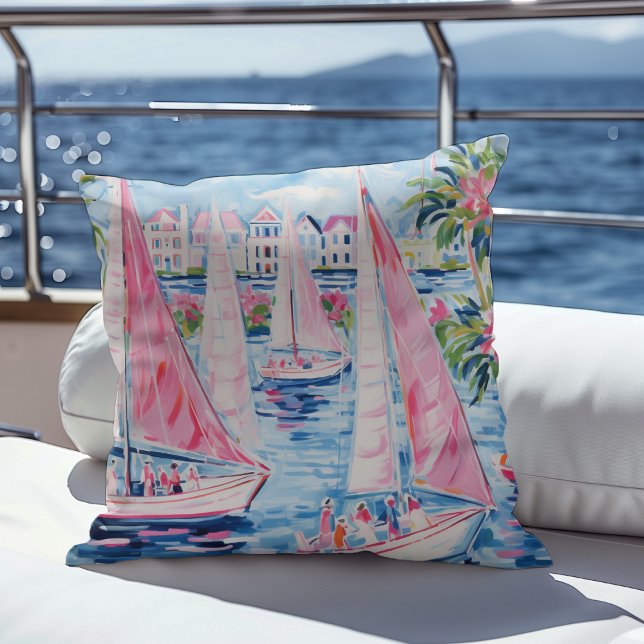 Elegant Watercolor Pink Sailboats Tropical Coastal Cushion (Creator Uploaded)