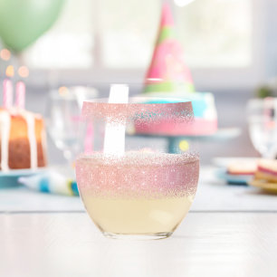 Elegant Watercolor Pink Snowflake Merry christmas  Stemless Wine Glass