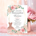 Elegant Watercolor Pink Spanish Quinceañera Quince Invitation<br><div class="desc">Gorgeous elegant Quinceañera (Mis Quince Años) watercolor floral invitations.  Blush pink roses with greenery and faux gold frame.  Faux glitter gown dress in pink. Editable template spanish quinceanera invitations - easy to add your text - Spanish wording.  Perfect for girl's 15th birthday party.</div>