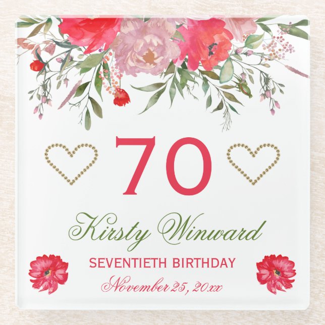 Elegant Watercolor Pink Spring Flowers Birthday Glass Coaster (Front)