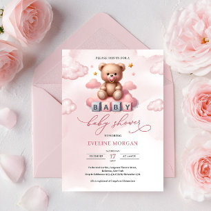 Elegant Watercolor pink teddy bear with pacifier Invitation
