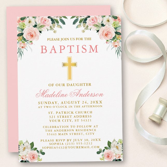 Elegant Watercolor Pink White Floral Baptism Invitation (Customize to change text color, size, style or to change color of back of card.)