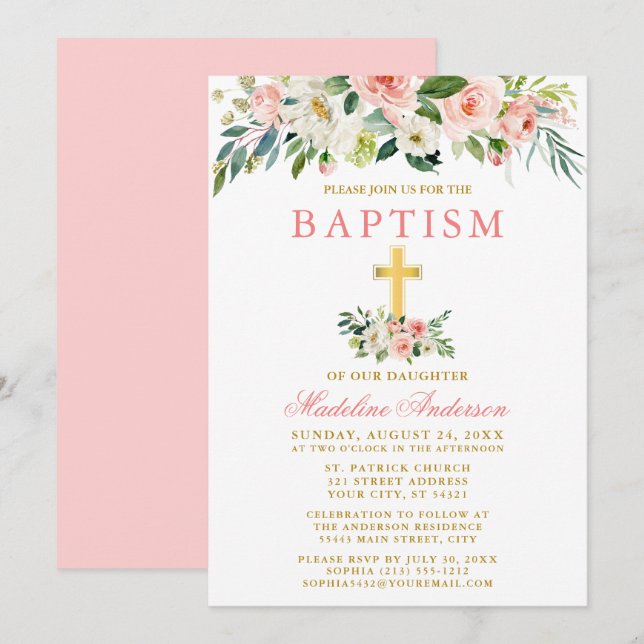 Elegant Watercolor Pink White Floral Gold Baptism Invitation (Front/Back)
