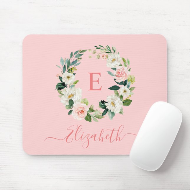 Elegant Watercolor Pink White Floral Monogram Mouse Pad (With Mouse)