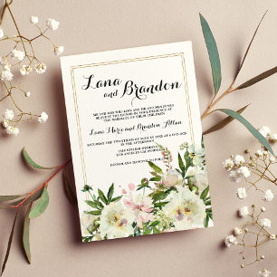 Elegant watercolor pink white gold floral wedding  invitation