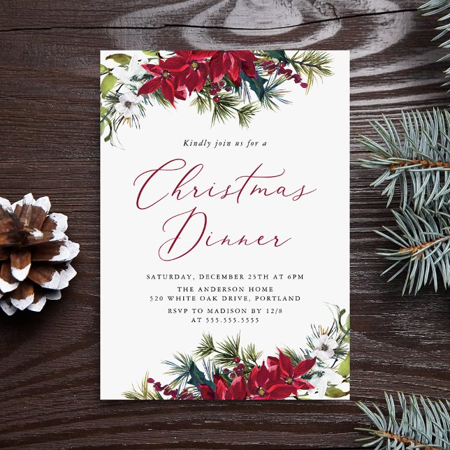 Elegant Watercolor Poinsettia Christmas Dinner Invitation (Creator Uploaded)