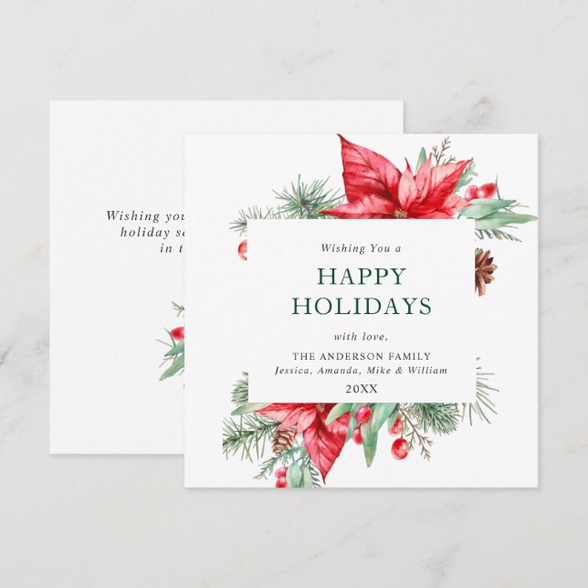 Elegant Watercolor Poinsettia Christmas Greeting Holiday Card (Front/Back)