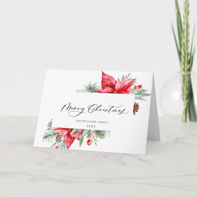 Elegant Watercolor Poinsettia Christmas Greeting Holiday Card (Front)