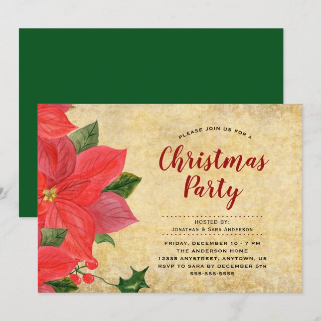Elegant Watercolor Poinsettia Christmas Party Invitation (Front/Back)