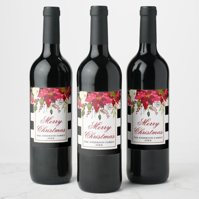 Elegant Watercolor Poinsettia Christmas Striped Wine Label (Bottles)
