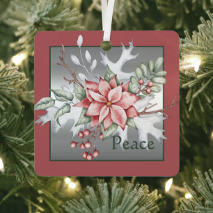 Elegant watercolor poinsettia custom Christmas Metal Tree Decoration