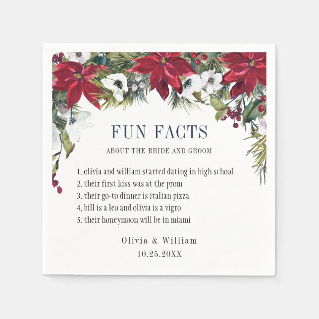 Elegant Watercolor Poinsettia FUN FACTS Wedding Napkin (Front)