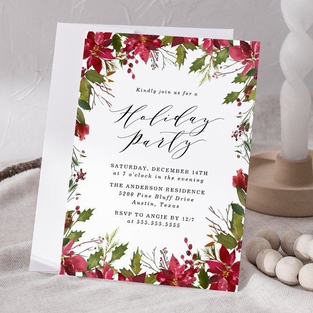 Elegant Watercolor Poinsettia Holiday Party Invitation (Creator Uploaded)