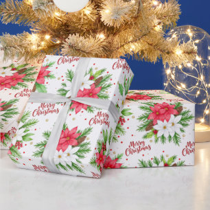 Elegant Watercolor Poinsettia Merry Christmas Wrapping Paper