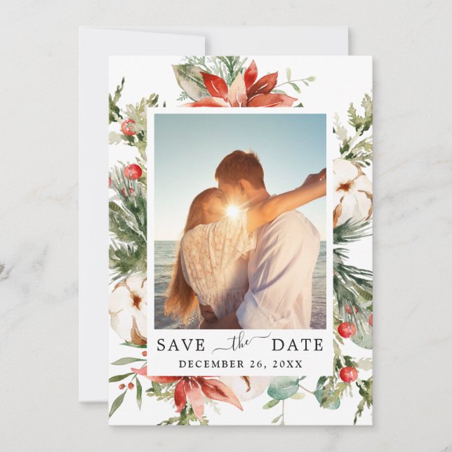 Elegant Watercolor Poinsettia Pine Branch Wedding Save The Date (Front)
