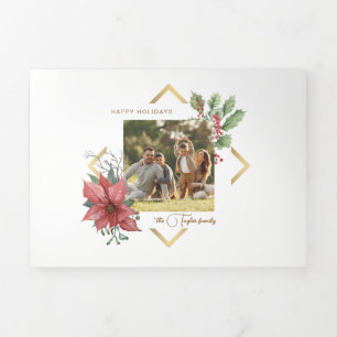 Elegant Watercolor Poinsettias w/Gold Frame Photo Tri-Fold Holiday Card