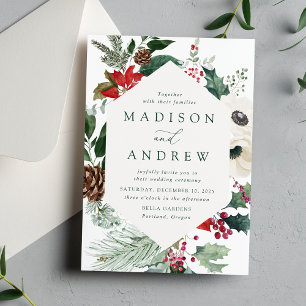Elegant Watercolor Poinsettias Winter Wedding Invitation