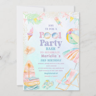 Elegant Watercolor Pool Party 3rd Birthday Girl Invitation