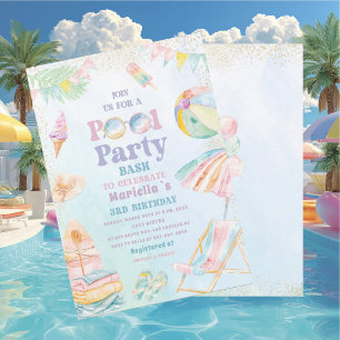Elegant Watercolor Pool Party 3rd Birthday Girl Invitation