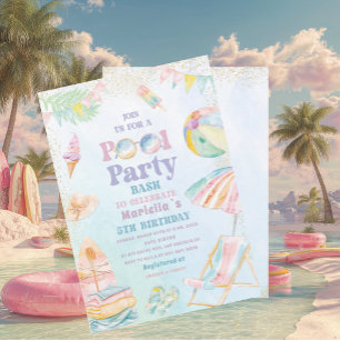 Elegant Watercolor Pool Party 5th Birthday Girl Invitation