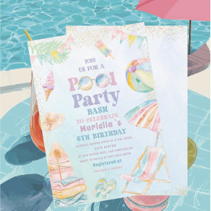 Elegant Watercolor Pool Party 6th Birthday Girl Invitation