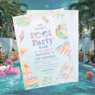 Elegant Watercolor Pool Party 7th Birthday Girl Invitation