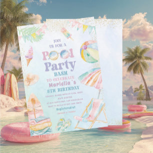 Elegant Watercolor Pool Party 8th Birthday Girl Invitation