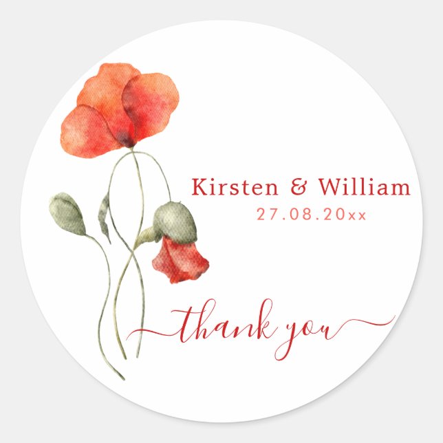 Elegant Watercolor Poppies - Wedding Thank You Classic Round Sticker (Front)