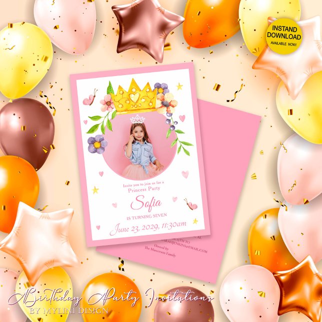 Elegant Watercolor Princess Photo Birthday Party Invitation (Creator Uploaded)