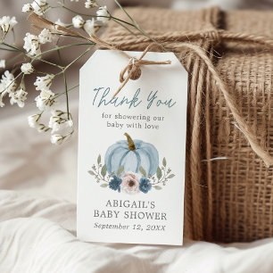 Elegant Watercolor Pumpkin Baby Shower Blue Favour Gift Tags