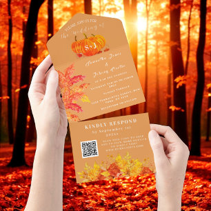 Elegant Watercolor Pumpkin Floral Wedding RSVP All In One Invitation