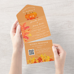 Elegant Watercolor Pumpkin Floral Wedding RSVP All In One Invitation