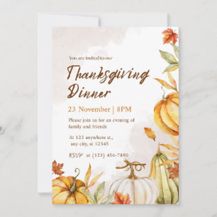 Elegant Watercolor Pumpkin Thanksgiving Dinner Invitation
