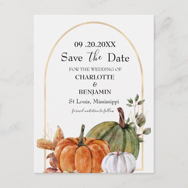 Elegant watercolor Pumpkin Wedding Save the Date  Announcement Postcard (Front)