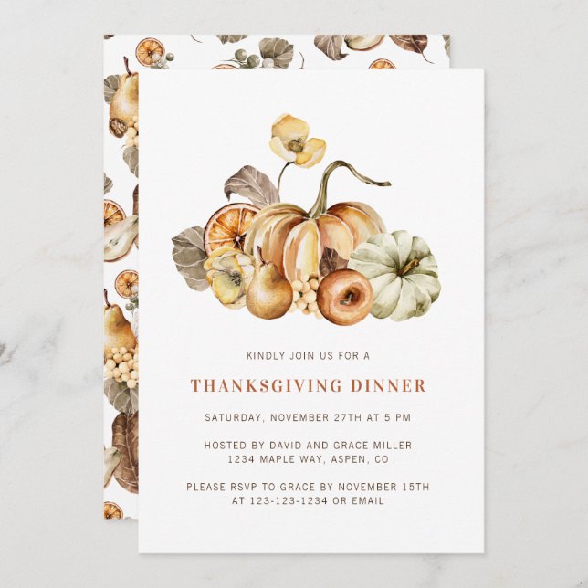 Elegant Watercolor Pumpkins Thanksgiving Dinner Invitation (Front/Back)