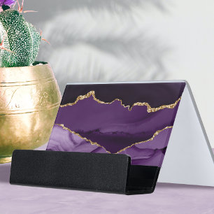 elegant watercolor purple and gold agate desk business card holder
