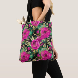 Elegant Watercolor Purple and Teal Flowers Pattern Tote Bag