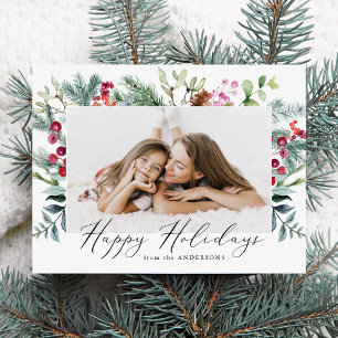 Elegant Watercolor Purple Berries & Greenery Photo Holiday Postcard