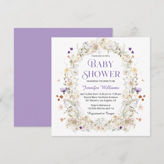 elegant watercolor purple botanical baby shower invitation (Front/Back)