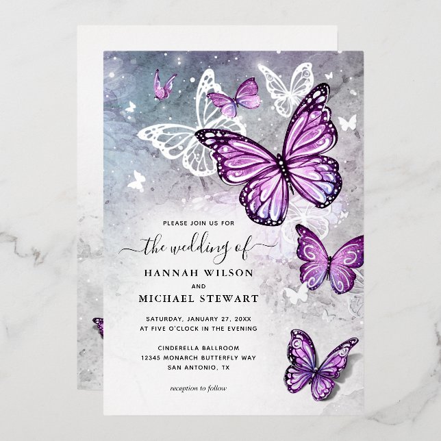Elegant Watercolor Purple Butterfly Wedding Real (Front/Back)