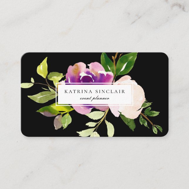 Elegant Watercolor Purple Cassis Floral Black Business Card (Front)