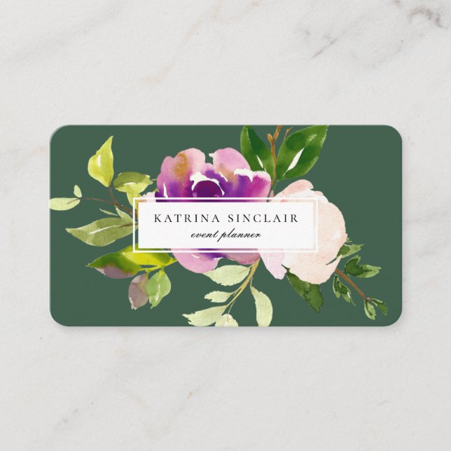 Elegant Watercolor Purple Cassis Floral Green Business Card (Front)
