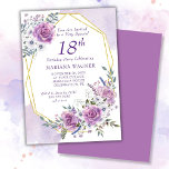 Elegant Watercolor Purple Floral 18th Birthday Invitation<br><div class="desc">Elegant Watercolor Purple Floral 18th Birthday Party invitation with gold frame in pretty purple and lavender roses and flowers.</div>