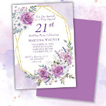 Elegant Watercolor Purple Floral 21st Birthday Invitation<br><div class="desc">Elegant Watercolor Purple Floral 21st Birthday Party invitation with gold frame in pretty purple and lavender roses and flowers.</div>
