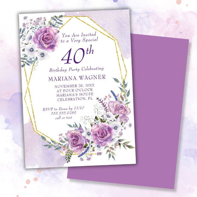 Elegant Watercolor Purple Floral 40th Birthday Invitation (Creator Uploaded)