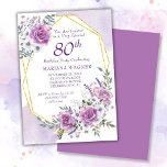 Elegant Watercolor Purple Floral 80th Birthday Invitation<br><div class="desc">Elegant Watercolor Purple Floral 80th Birthday Party invitation with gold frame in pretty purple and lavender roses and flowers.</div>