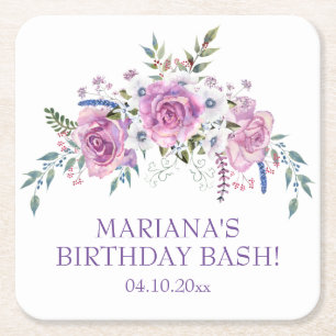 Elegant Watercolor Purple Floral Birthday Party Square Paper Coaster
